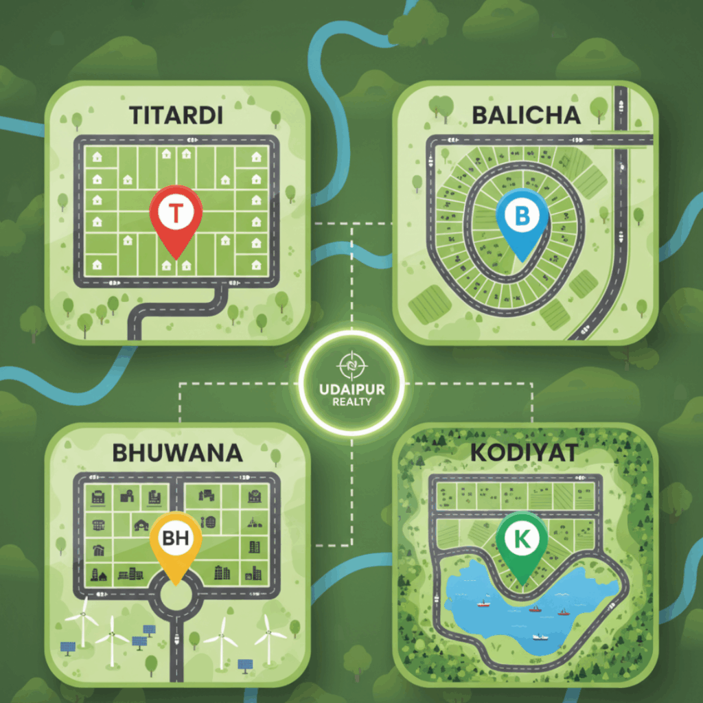 Map of Udaipur showing top residential areas to buy plots in 2025 — Titardi, Bhuwana, Balicha, and Kodiyat — highlighted under Udaipur Realty.