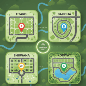 Map of Udaipur showing top residential areas to buy plots in 2025 — Titardi, Bhuwana, Balicha, and Kodiyat — highlighted under Udaipur Realty.